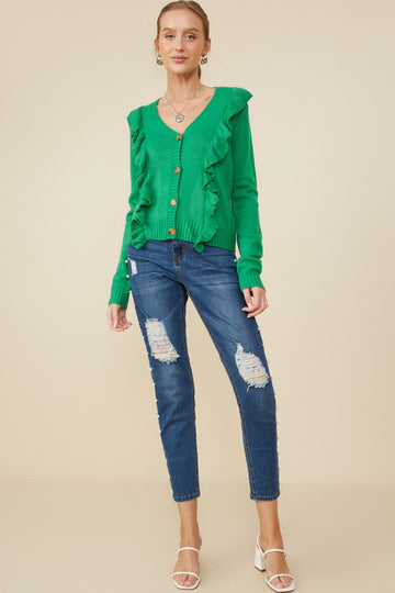 HY8758 Green Womens Ruffle Detail Buttoned Sweater Cardigan Gif